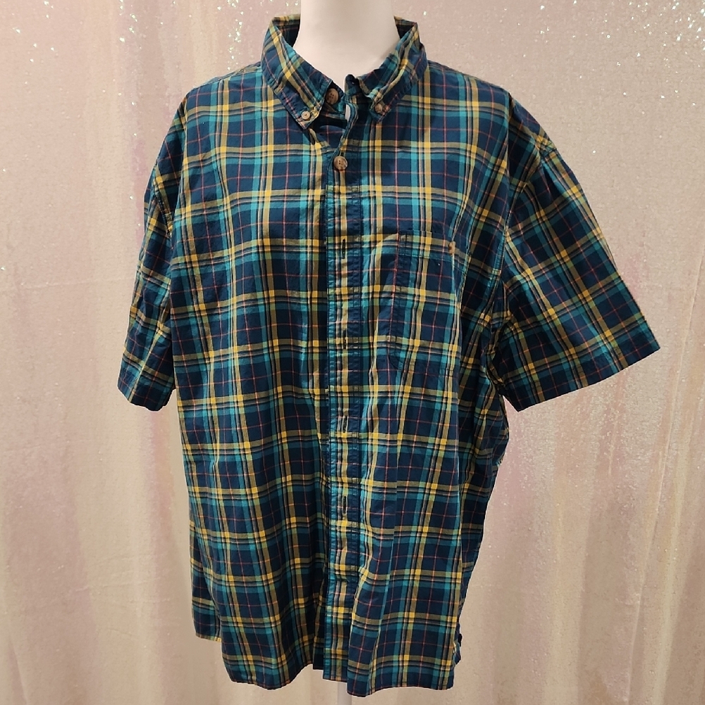 Duluth Trading Co Green and Yellow Plaid Untucked Button-Down Shirt
